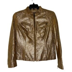 VS Vakko Gold Metallic Leather Jacket Women's Size 12 Shimmer Moto Style Snake